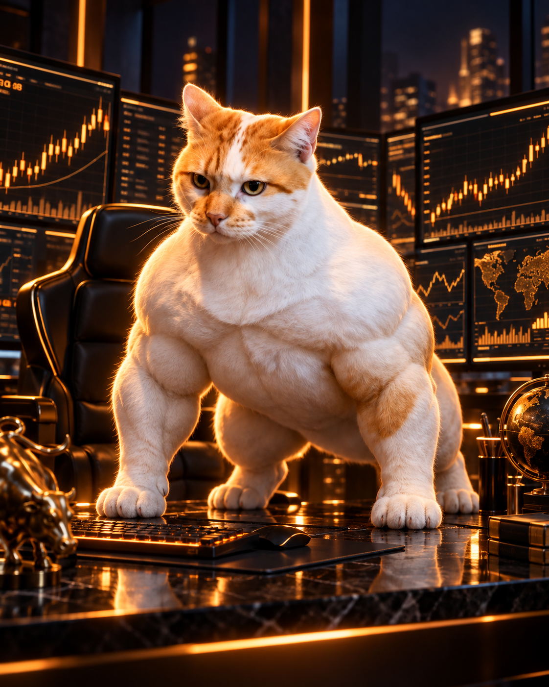 GIGA CAT in a trading command center